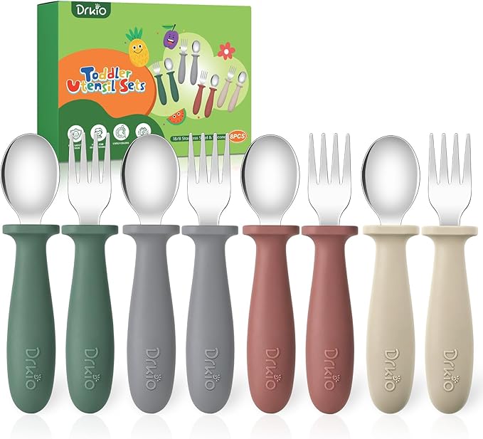 DRKIO 8 Pieces Toddler Utensils Set - Kids Silverware Set with Silicone Handle Children Safe 18/8 Stainless Steel Forks and Spoons Anti-Choke Design Food Grade Dishwasher Safe