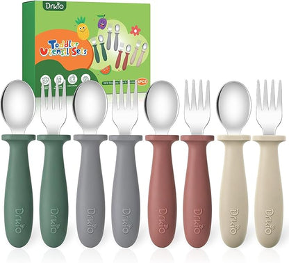 DRKIO 8 Pieces Toddler Utensils Set - Kids Silverware Set with Silicone Handle Children Safe 18/8 Stainless Steel Forks and Spoons Anti-Choke Design Food Grade Dishwasher Safe