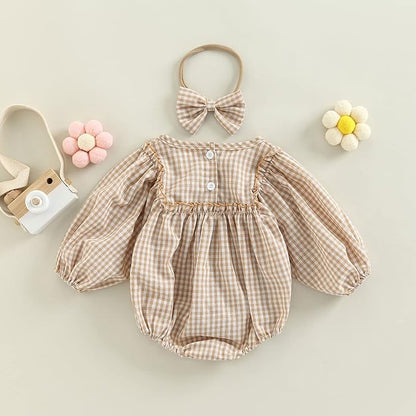 2pcs Infant Baby Girls Romper Dress Headband Long Sleeve Clothing Flowers Newborn Boho Girl Outfit Jumpsuit Clothes