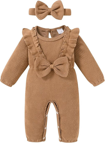 Happy Town Baby Girl Romper Infant Fall Winter Clothes Ruffle Sweater Long Sleeve Bodysuit Jumpsuit and Headband