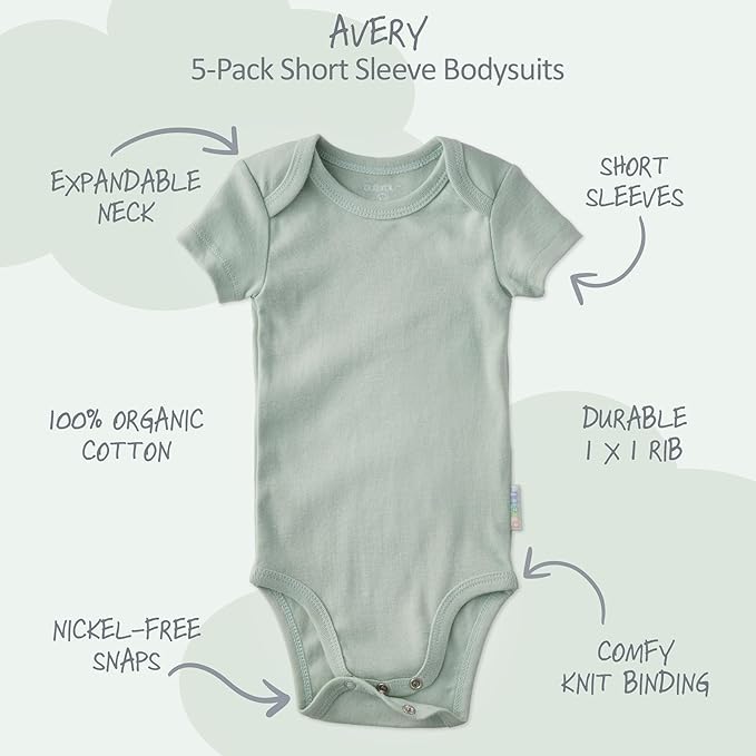 Avery 5-Pack Short Sleeve Bodysuits 100% Organic Cotton for Baby Boys & Girls