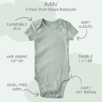 Avery 5-Pack Short Sleeve Bodysuits 100% Organic Cotton for Baby Boys & Girls
