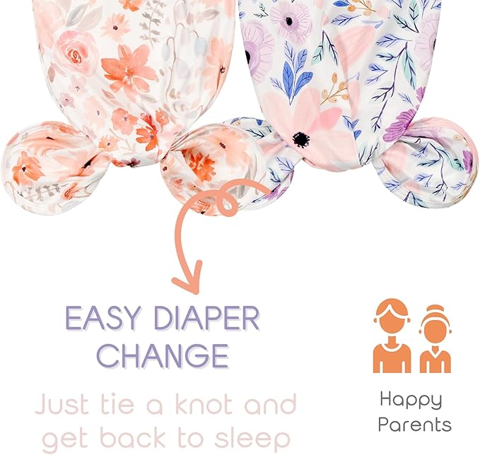 Newborn Baby Knotted Gown Sleeper Gown with Mittens Long Sleeve Nightgown Baby Coming Home Outfit with Hat 2 Pieces