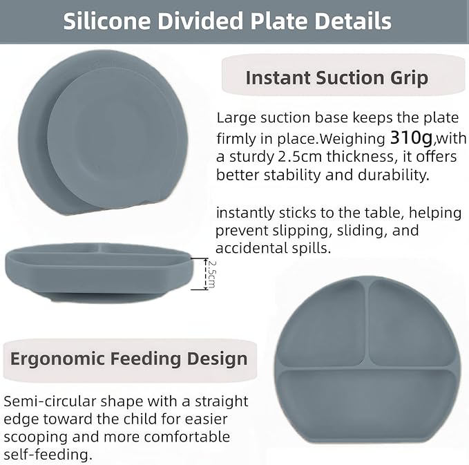 Personalized Name Food Grade 6pcs Baby Feeding Set with Spoon, Fork,Silicone Suction Bowls,Cup,Plate,and bib BPA Free - First Stage Self Feed (Color Gray Y18)