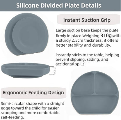 Personalized Name Food Grade 6pcs Baby Feeding Set with Spoon, Fork,Silicone Suction Bowls,Cup,Plate,and bib BPA Free - First Stage Self Feed (Color Gray Y18)