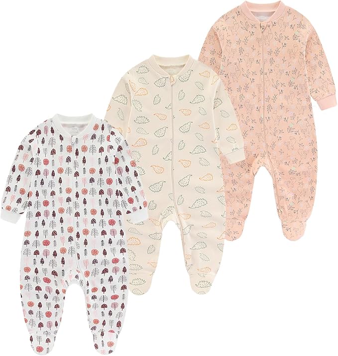 Baby Girls Boys Footed One-Piece Romper Cotton Long Sleeve Jumpsuit Zip Front Footie Romper 0-12 Month