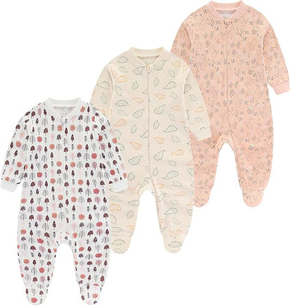 Baby Girls Boys Footed One-Piece Romper Cotton Long Sleeve Jumpsuit Zip Front Footie Romper 0-12 Month