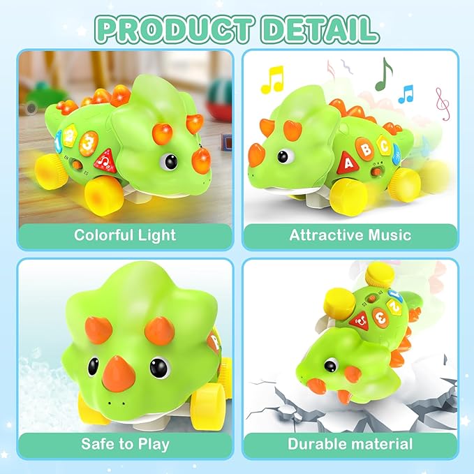 BainGesk Dinosaur Crawling Toys for 1 Year Old Boy, Musical Baby Toys for 6-12 Months, Early Development Learning Toys for 12-18 Months Boys Girls, Birthday Gifts for 1-2 Year Old Toddlers