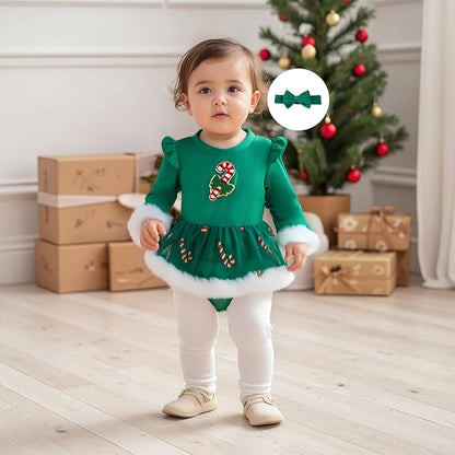 Hnyenmcko Newborn Baby Girl Christmas Clothes Infant Red Plaid Romper Dress Ruffle Long Sleeve Ribbed Bodysuit Headband Set