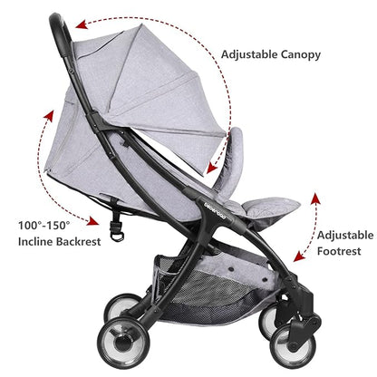 Beberoad Love R2 Small Travel Stroller Compact Strollers Foldable Lightweight Baby Stroller for Airplane, Infant with Adjustable Backrest, Cup Holder and Waterproof Canopy, Gray