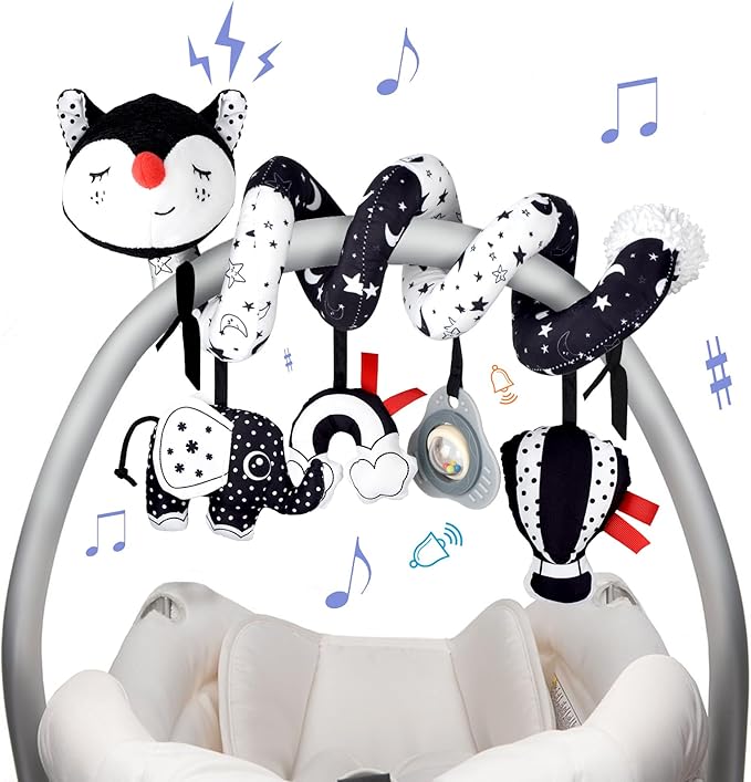 XIXILAND Musical Car Seat Toy Black and White Baby Toys, Infant Toys 0-6 Months Stroller Toy, High Contrast Newborn Developmental Gift for 0 3 6 9 12 Months Girls Boys Babies