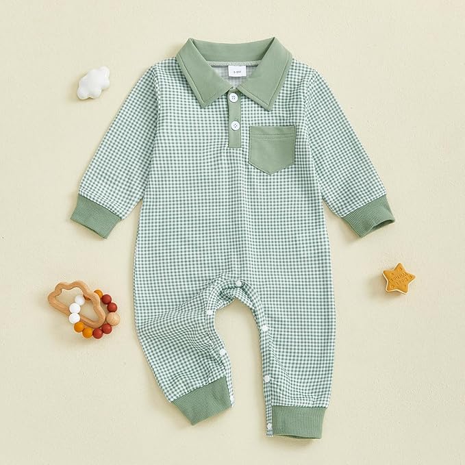 Newborn Baby Boy Winter Clothes Long Sleeve Lapel Jumpsuit Collar Plaid Romper Playsuit Infant Baby Boy Fall Outfit