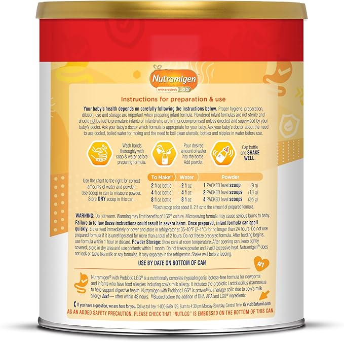 Enfamil Nutramigen Hypoallergenic Baby Formula with Iron, Lactose Free, Colic Relief from Cow's Milk Allergy Starts in 24 Hours, Brain Building DHA, Probiotic LGG for Immune Support, 27.8 Oz Can (Pack of 2)