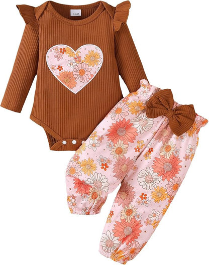 Jecson Newborn Baby Girl Clothes: Soft Cotton Infant Outfits Ruffles Sleeve Romper & Pants Set Cute Fall Home Outing 0-18M