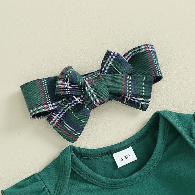 Hnyenmcko Newborn Baby Girl Christmas Clothes Infant Red Plaid Romper Dress Ruffle Long Sleeve Ribbed Bodysuit Headband Set