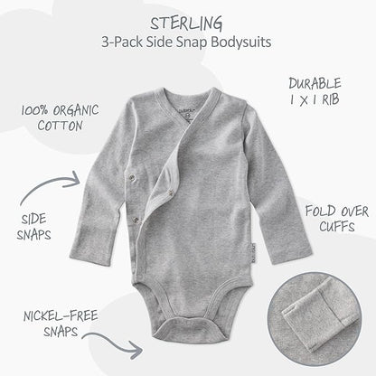 unisex-baby Sterling 3-pack Kimono Bodysuits 100% Organic Cotton Side Snap for Baby Boys & Girls