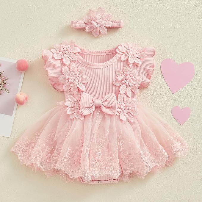 Infant Baby Girl Lace Romper Baby Tulle Dress Romper Flowers Bodysuit Spring Summer Festival Clothes with Headband