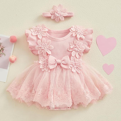 Infant Baby Girl Lace Romper Baby Tulle Dress Romper Flowers Bodysuit Spring Summer Festival Clothes with Headband