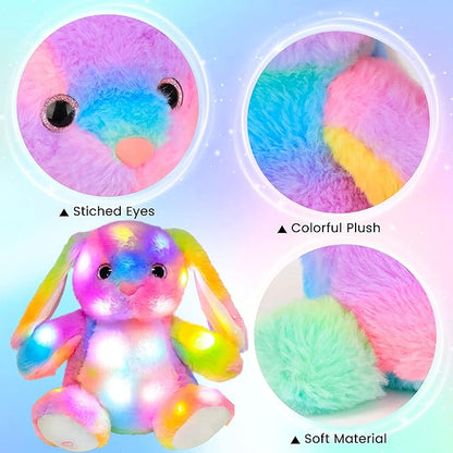 Hopearl LED Plush Bunny Colorful Lighting Up Stuffed Animal Rabbit Floppy Night Lights Glow in The Dark Birthday Festival for Kids Toddler Girls, Rainbow, 10''