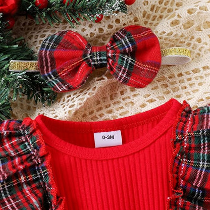 Newborn Christmas Outfit Baby Girl Plaid Romper Dress Infant Ruffle Long Sleeve Ribbed Bodysuit Headband Clothes