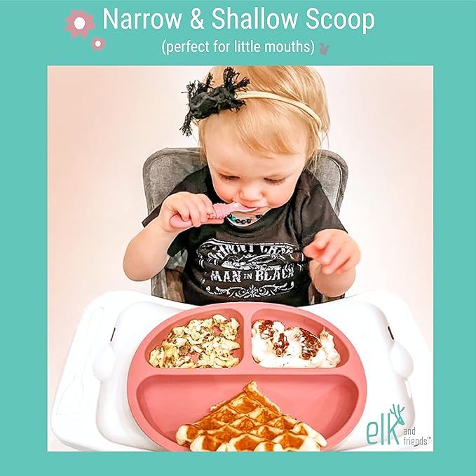 Elk and Friends Silicone Baby Spoons | Travel Case Included | First Stage Infant Toddler Spoon | Baby Led Weaning Stage | Dishwasher Safe