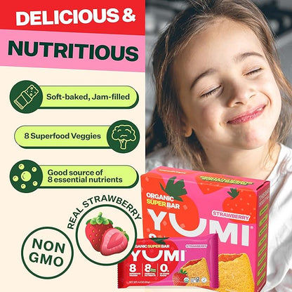YUMI Organic Breakfast Superbar, Gluten-Free, No Added Sugar, 7+ Vegetables, Soft-Baked Crust, Healthy Snack Bars for Kids, School Safe, Healthy Alternative to Granola Bars or Cereal Bars, Strawberry (30ct)