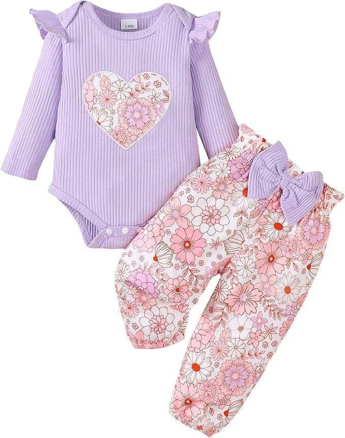 Jecson Newborn Baby Girl Clothes: Soft Cotton Infant Outfits Ruffles Sleeve Romper & Pants Set Cute Fall Home Outing 0-18M