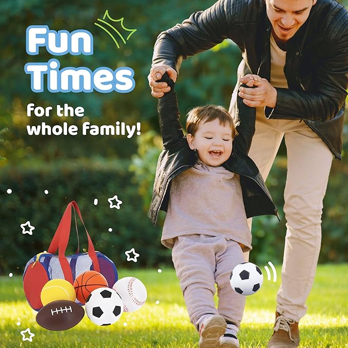 Neliblu Set of 5 Foam Balls for Kids - Toddler Toys Set with Soccer, Basketball, Football, Baseball, and Tennis - Soft Indoor and Outdoor Baby Balls for Toddlers - Kids Outdoor Toys for Active Play