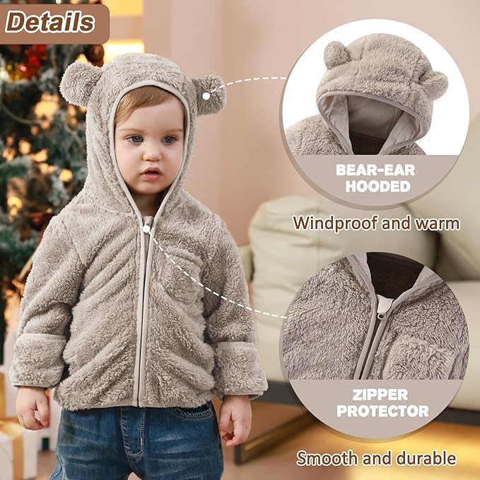 Baby Infant Boys Girls Winter Coat with Fold-Over Mittens Fleece Outwear Jacket Warm Clothes Bear Hooded