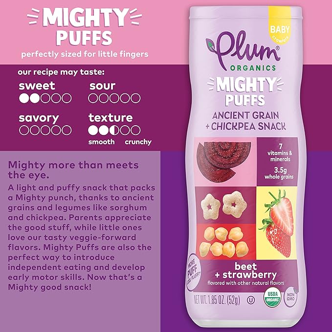 Plum Organics Mighty Puffs Ancient Grain + Chickpea Snack, Beet + Strawberry Flavor, Baby Crawlers, Kosher, USDA Certified Organic, Non-GMO, 1.85 Ounce (Pack of 6)