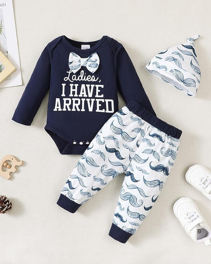 Baby Boy Clothes Infant Newborn Fall Winter Outfits Long Sleeve Letter Print Romper + Hat + Pants Set