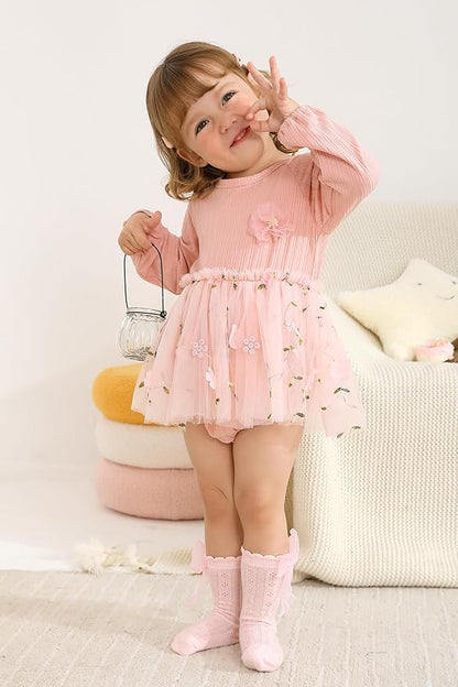 YOUNGER TREE Newborn Baby Girl Romper Dress Outfits Long Sleeve Floral Tutu Bodysuit with Leggings Hat Infant Fall Clothes