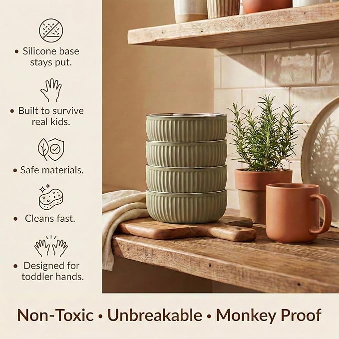 Monkey Proof™ Non-Toxic Stainless Steel Child Bowl 5” with Non-Slip Grooved Silicone Shell, (Set of 4 bowls) Unbreakable, Mess Free Feeding for Babies, Toddlers, Kids, BPA free (Olive Green Grooved)