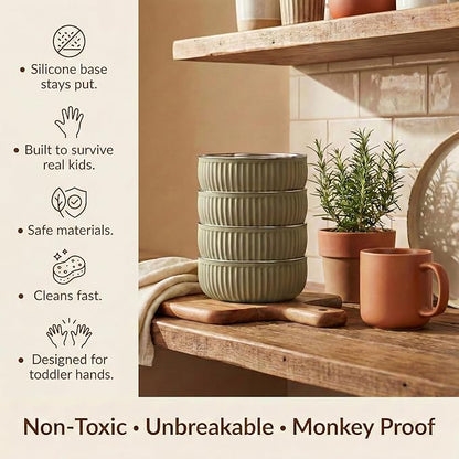 Monkey Proof™ Non-Toxic Stainless Steel Child Bowl 5” with Non-Slip Grooved Silicone Shell, (Set of 4 bowls) Unbreakable, Mess Free Feeding for Babies, Toddlers, Kids, BPA free (Olive Green Grooved)