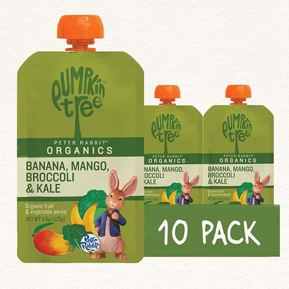 Pumpkin Tree Peter Rabbit Organics, Banana, Mango, and Kale, 4 Squeeze Pouch, Mango, Broccoli & Kale, 4.4 Ounce (Pack of 10)