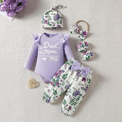 ChuYuKu Baby Girls Newborn Long Sleeve Romper Infant Winter Clothes Floral Pants Outfits with Headband & Mittens 0-6M
