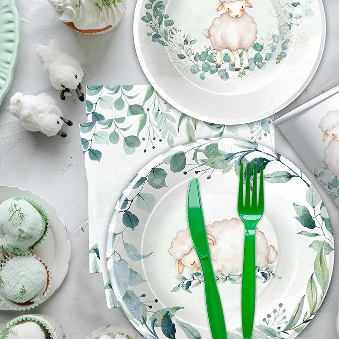 Sheep Baby Shower Decorations Tableware - Farm Animal Lamb Sheep Birthday Party Supplies, Plate, Cup, Napkin, Disposable Cutlery, Lamb Baby Shower Decorations And Supplies | Serve 24
