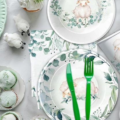 Sheep Baby Shower Decorations Tableware - Farm Animal Lamb Sheep Birthday Party Supplies, Plate, Cup, Napkin, Disposable Cutlery, Lamb Baby Shower Decorations And Supplies | Serve 24
