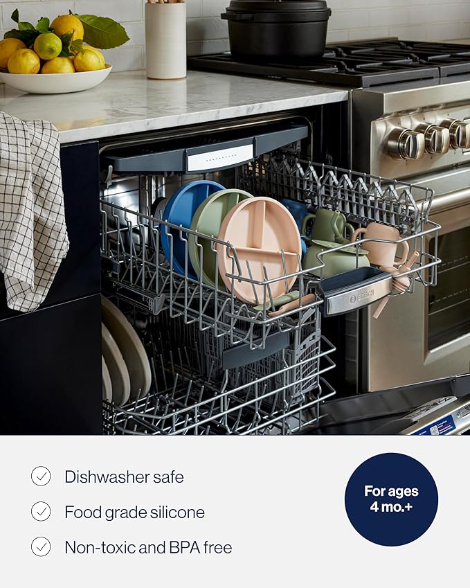 Lalo First Bites Starting Solids Silicone Baby Feeding Set with Suction Bowl, 2 Spoons and 1 Bib - 4-Piece Baby-Led Weaning Supplies - Non-Toxic Silicone Infant Tableware - Blueberry