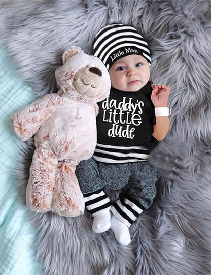 Fommy Newborn Baby Boy Clothes New to The Crew Letter Print Romper+ Pants+Hat 3PCS Outfit