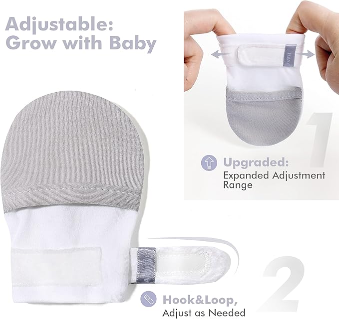 HAPIU Baby No Scratch Mittens Stay On, 100% Cotton Breathable, Adjustable Infant Gloves for Boys Girls, Newborn - 12 M