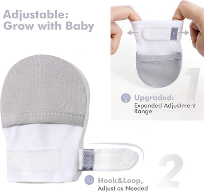 HAPIU Baby No Scratch Mittens Stay On, 100% Cotton Breathable, Adjustable Infant Gloves for Boys Girls, Newborn - 12 M