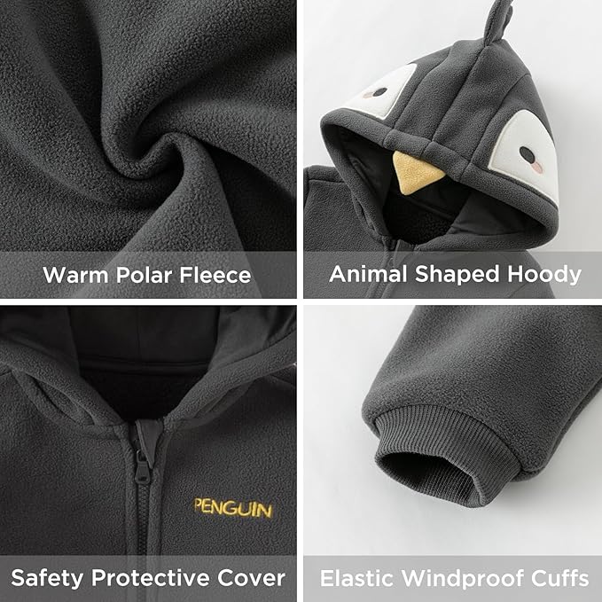 DAVE&BELLA Animal Jumpsuit for Baby Boy Girl, Hooded Winter One-Piece Romper Zip Up Fleece Infant Bodysuit with Snap Closure