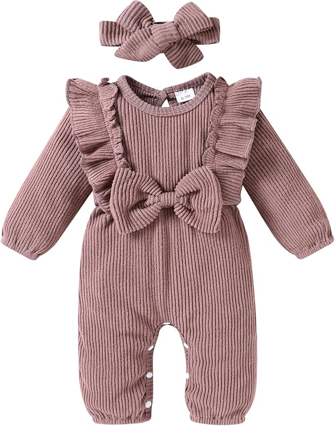 Happy Town Baby Girl Romper Infant Fall Winter Clothes Ruffle Sweater Long Sleeve Bodysuit Jumpsuit and Headband