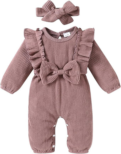 Happy Town Baby Girl Romper Infant Fall Winter Clothes Ruffle Sweater Long Sleeve Bodysuit Jumpsuit and Headband