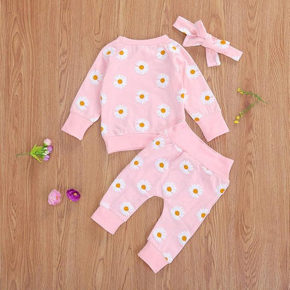 3Pcs Baby Girl Outfits Daisy Sweatshirt + Pants + Headband Infant Fall Winter Clothes