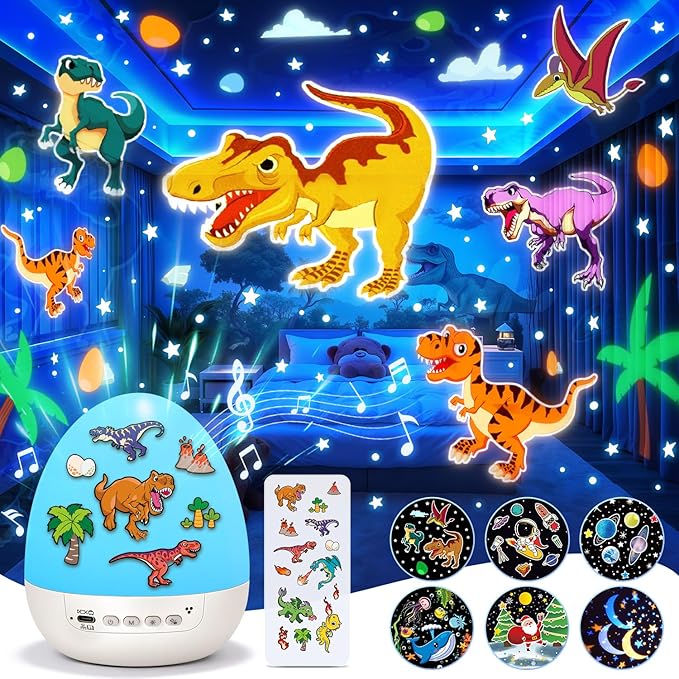 Egg Light Dinosaur Toys for Kids 3-5 | 15 Sleeping Sounds+12HD Films+7 Colors+360°Rotating | Easter Dinosaur Dinosaurs Primal Hatch Boy Toys for Boys Star Projector Sound Machine Egg Light for Nursery