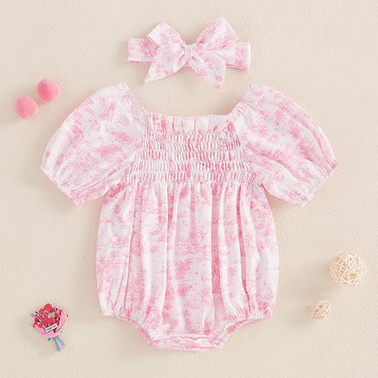 Infant Baby Girls Romper Floral Ruffle Sleeve Pleated Smocked Bubble One Piece Ruched Jumpsuit Summer Bodysuit