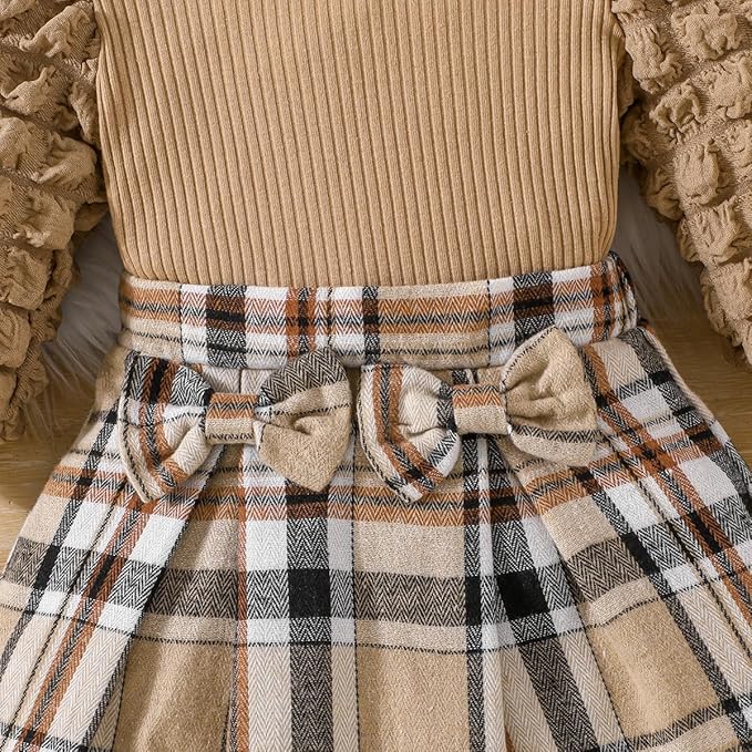 Toddler Baby Girl Plaid Dress Puff Sleeve Bow Patchwork Ribbed Shirts Dress Plaid Fall Winter Outfits with Headband