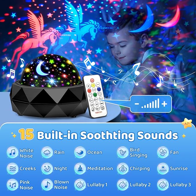 PIKOY Night Light Projector for Kids Room - 15 Colors, 15 White Noise, 3 Films, Remote - Rechargeable Star Lights for Ceiling, Bedroom - Gifts